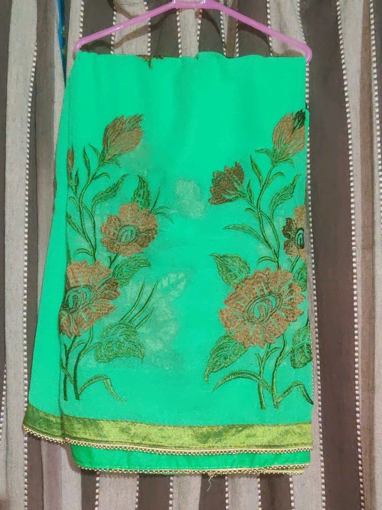 Green Threadwork Saree For Parties, Wedding Festiv