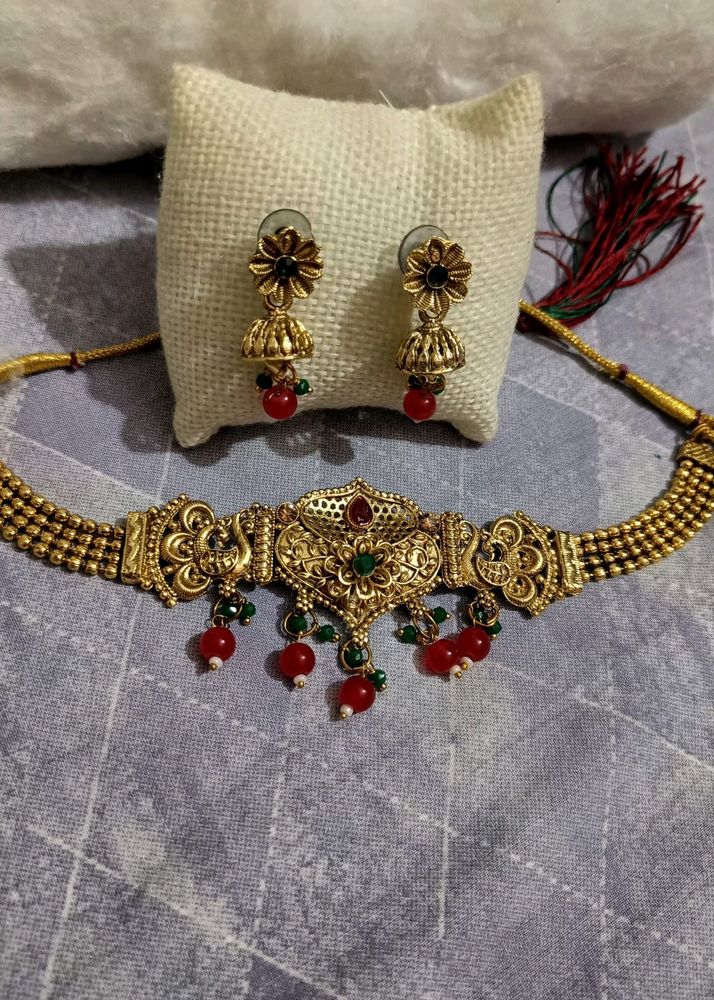 Gold Plated Multi Colour Necklace Set With Earring