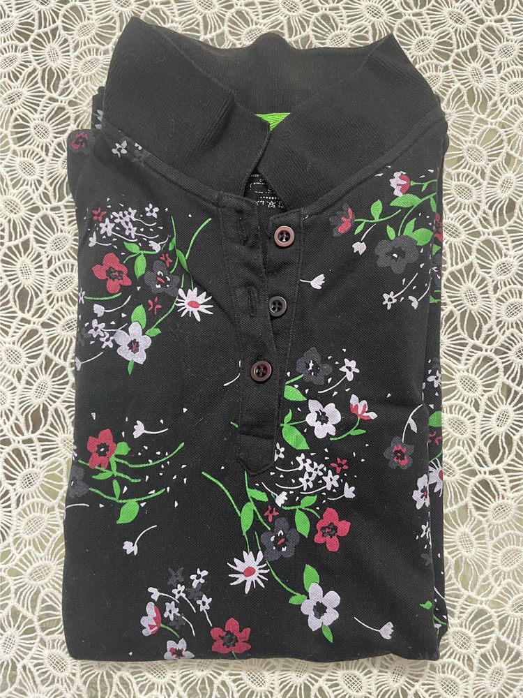 Black Flower Print Polo T-shirt