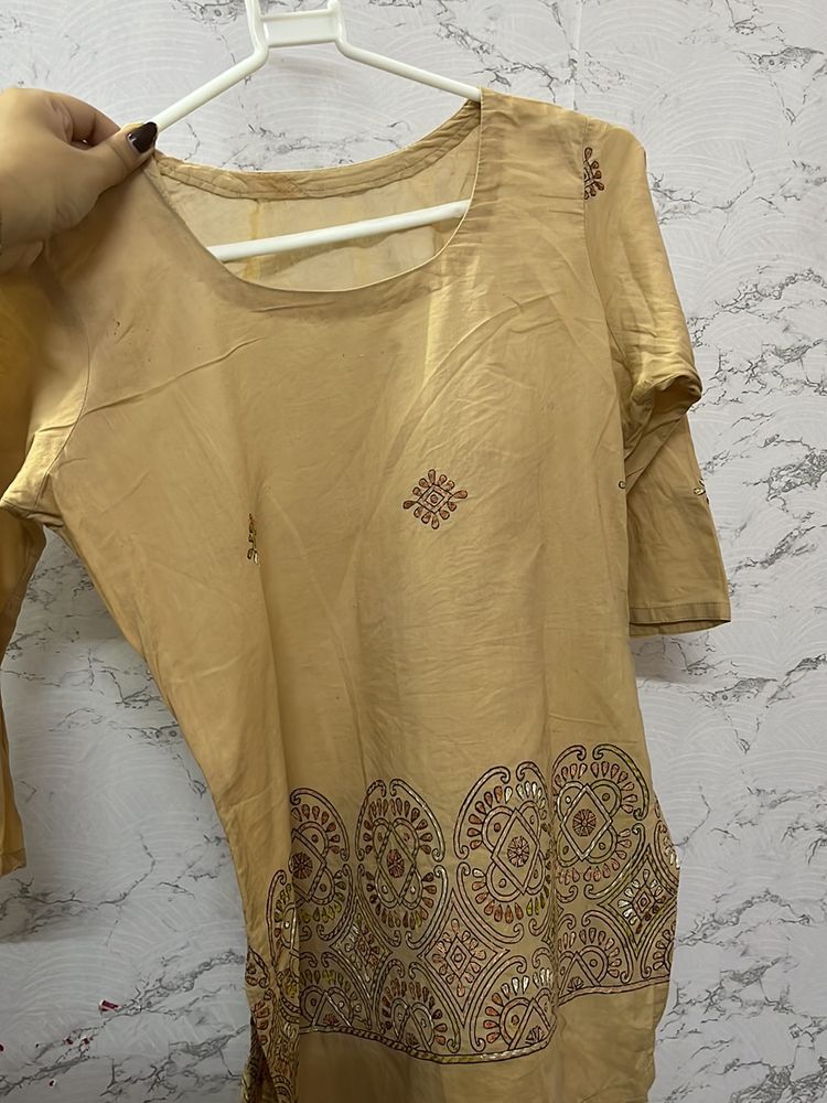 Short kantha Work beige kurta