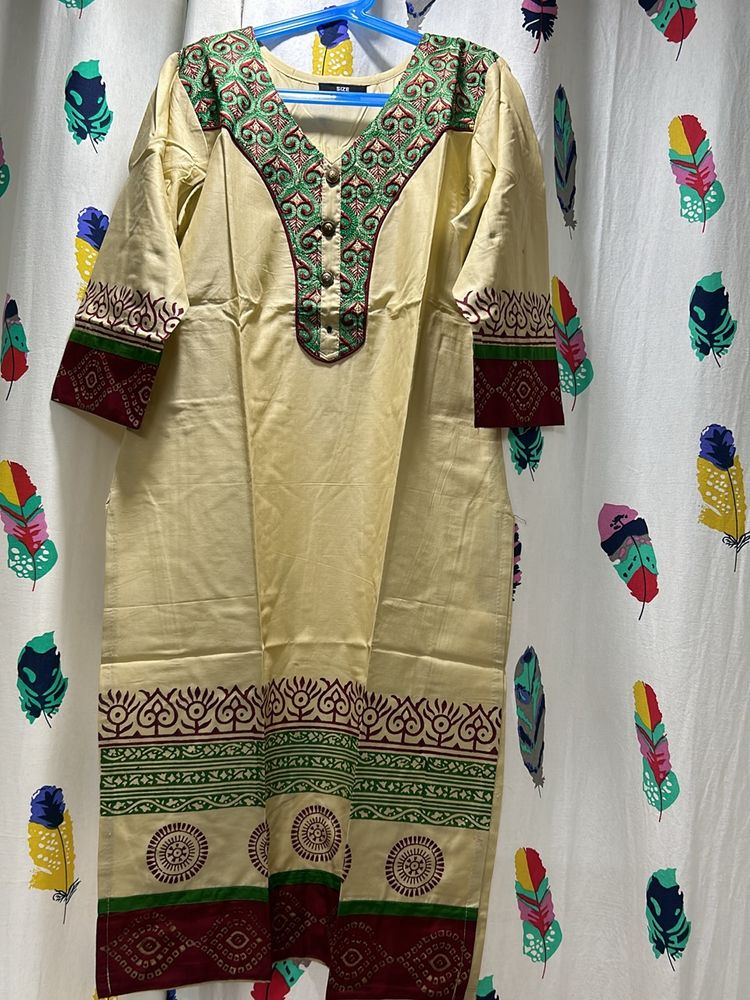 Cotton Kurti With Embroidery And Fabric Work