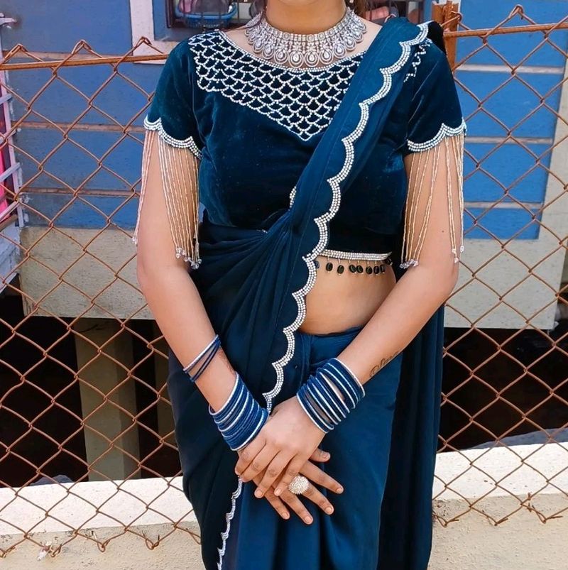 Nevy Blue Fancy Saree Or Ready Made Velvet Blouse