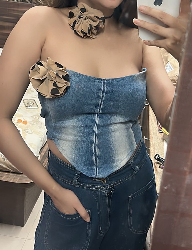 Denim Corset With Flower Neckbow