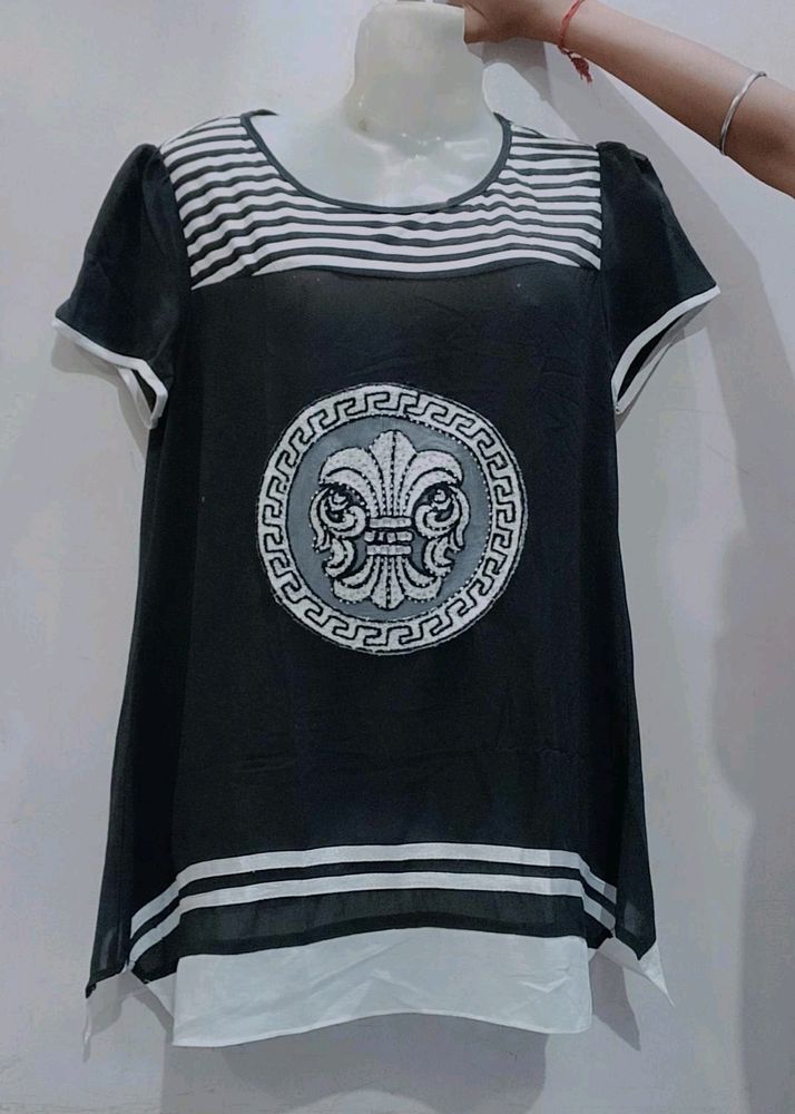 Women Printed Round Neck Cotton Blend Black Topper