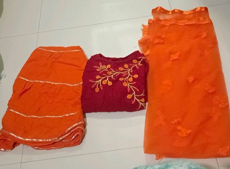 Orange Sharara Set With Butterfly Net Dupatta