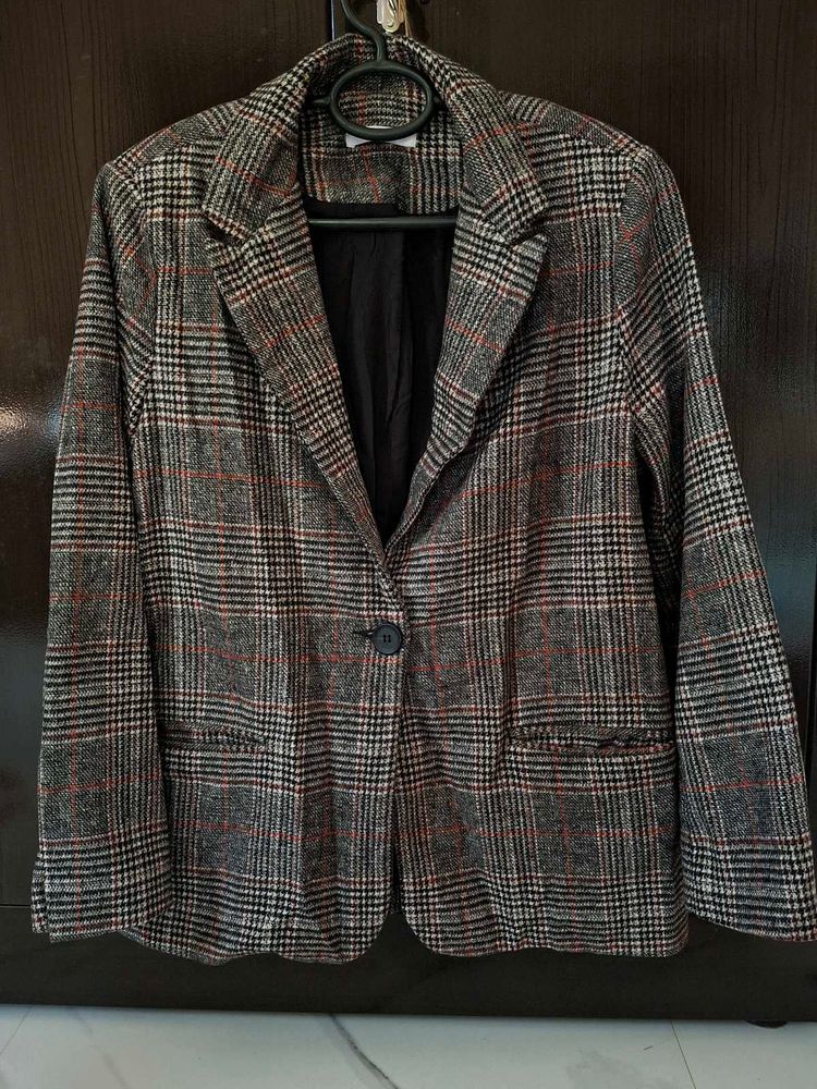 Grey Checked Wool Blend Coat