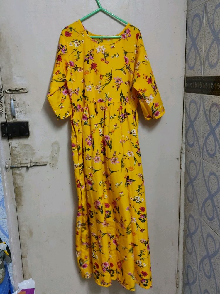 Yellow Floral Gown With Belt