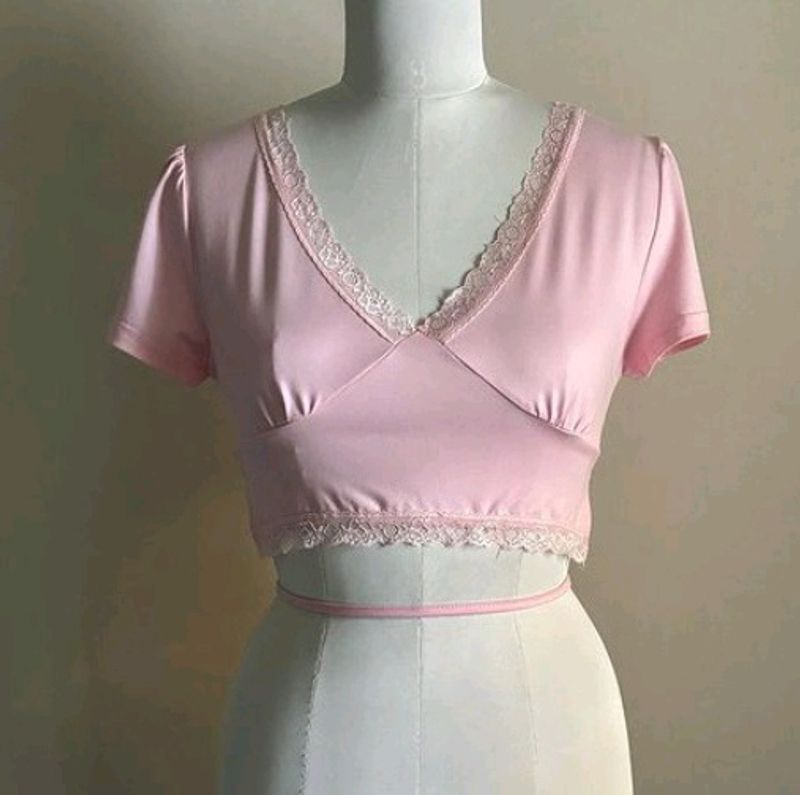 Coquette Core Pinteresty Y2k Lace Trim Pink Top