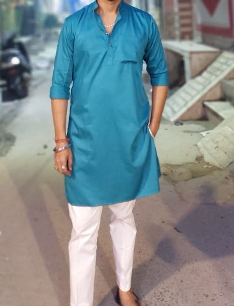 Cyan Sky Blue Kurta With White Pent