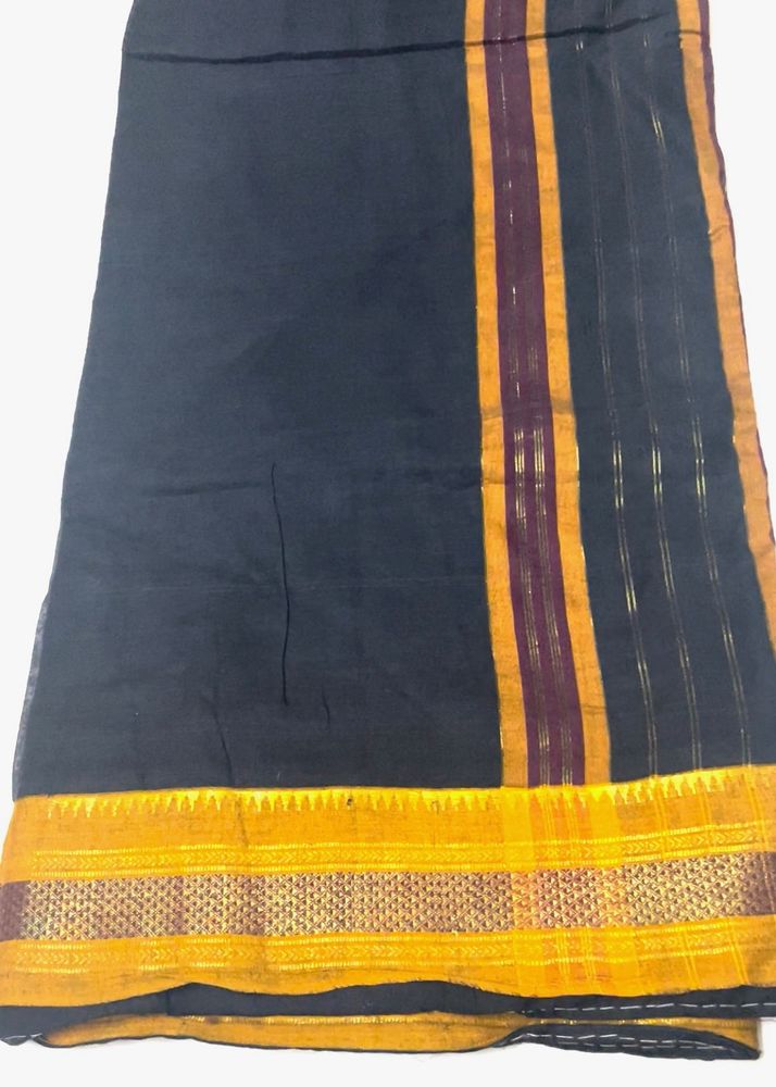 Black Mustard Saree With Woven Border And Blouse