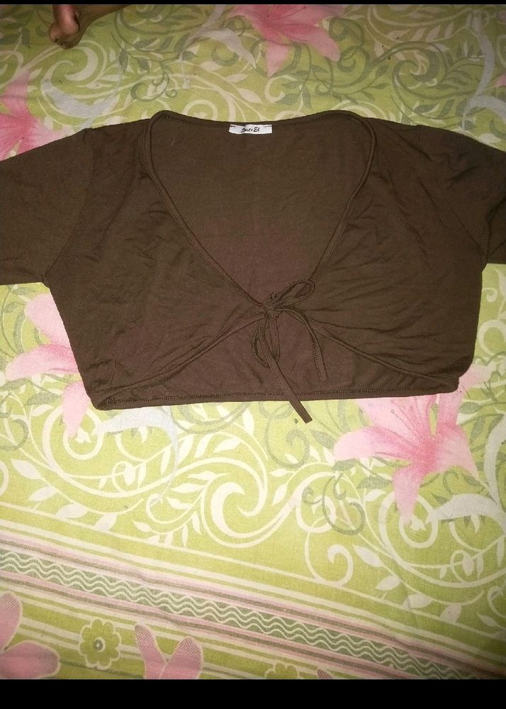 Brown Crop Tie Up Shrug, Xs Size