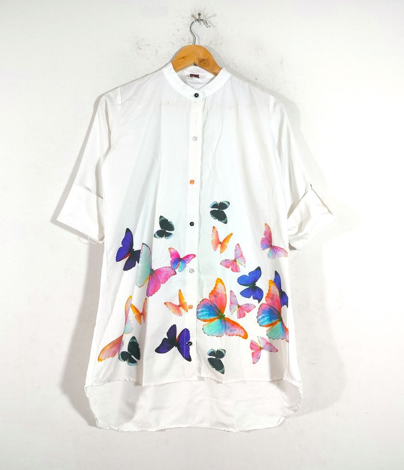 White With Butterfly Printed Long Shirts (Women's)