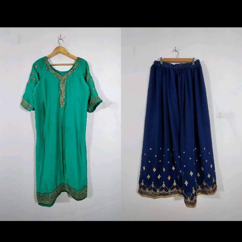 Sea Green And Navy Blue Kurta Set (Women's)