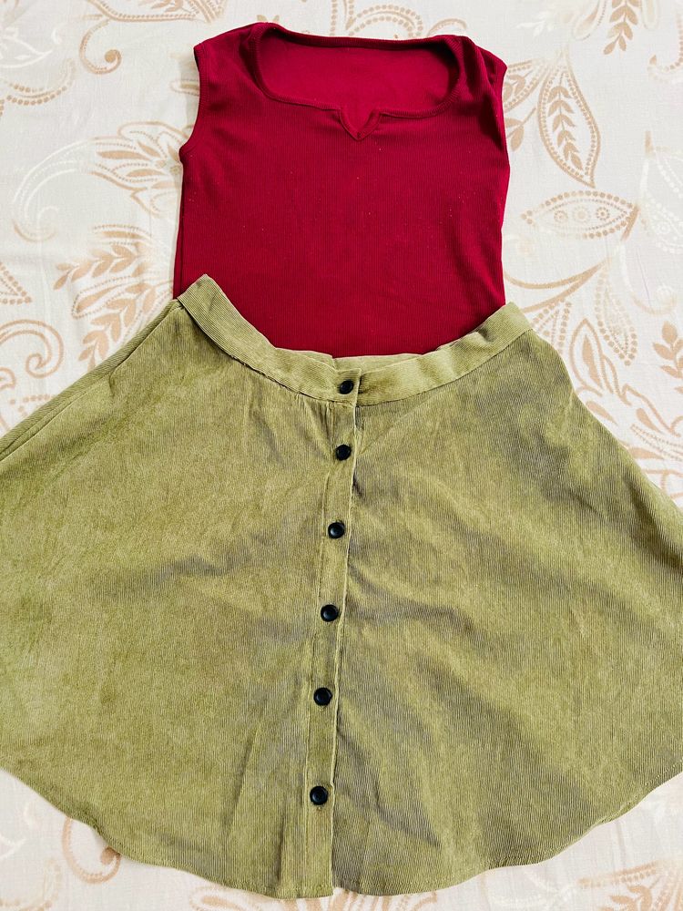 Combo Deal- Green Skater Skirt and 2 Maroon Tops