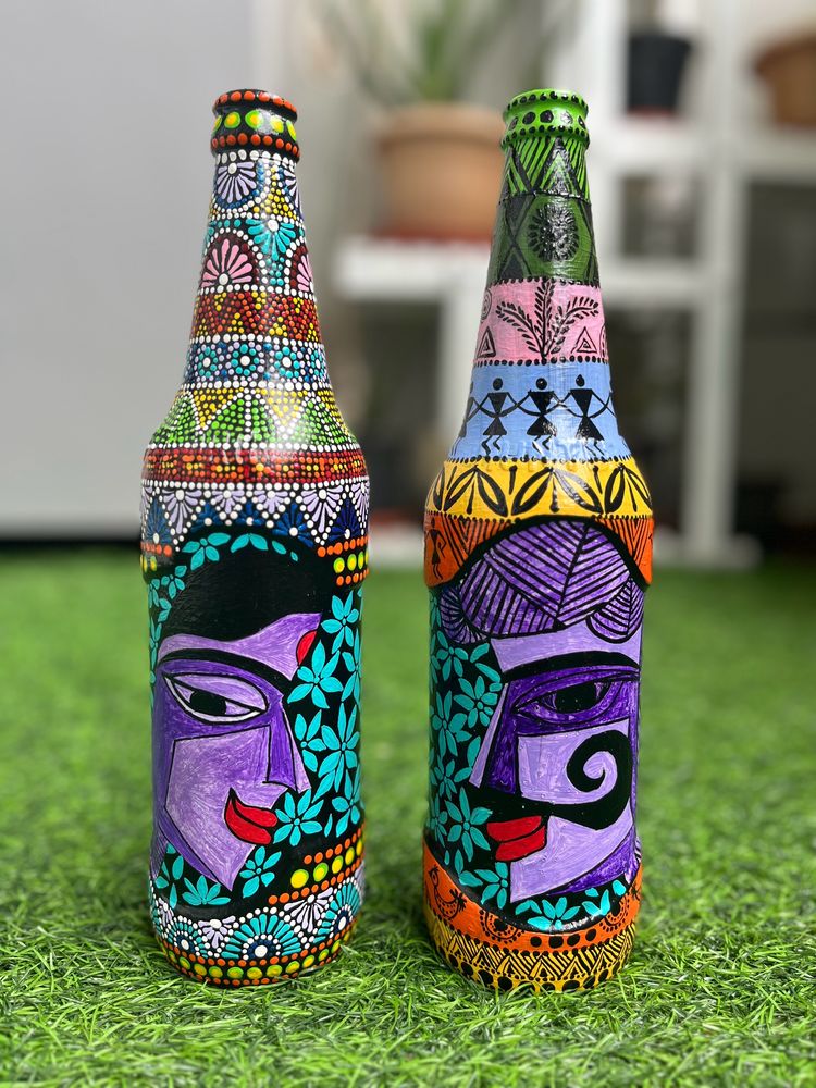 Set Of Two Rajasthani Folk Art On Glass Bottle