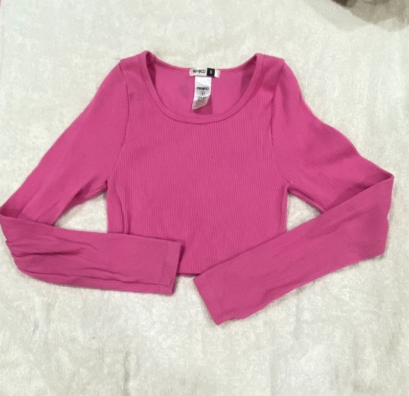 pep&co fitted pink full sleeves crop top