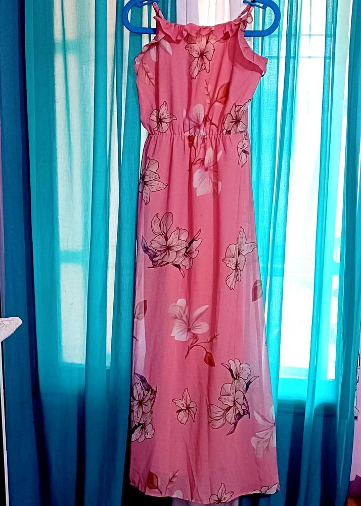 Peach Coloured And Beige Floral Printed Maxi Dress