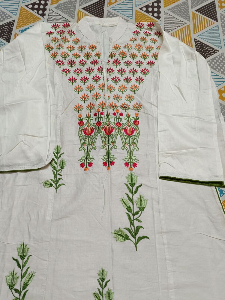 White Cotton Embroidered Kurti Fabric