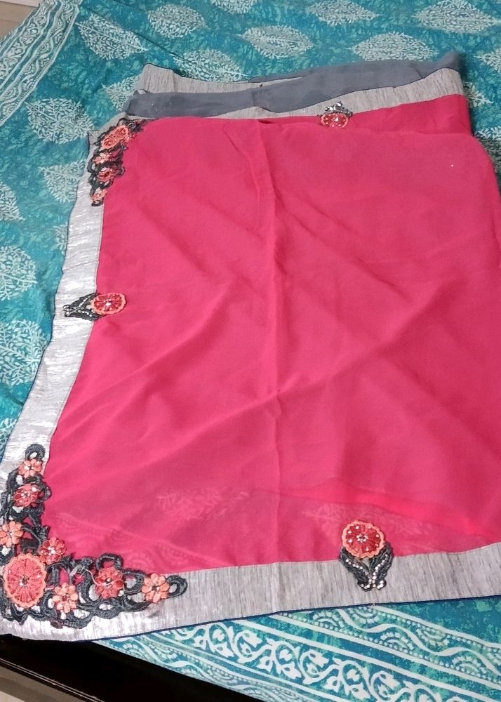 Pink And Grey Embroidered Saree(  Without Blouse P