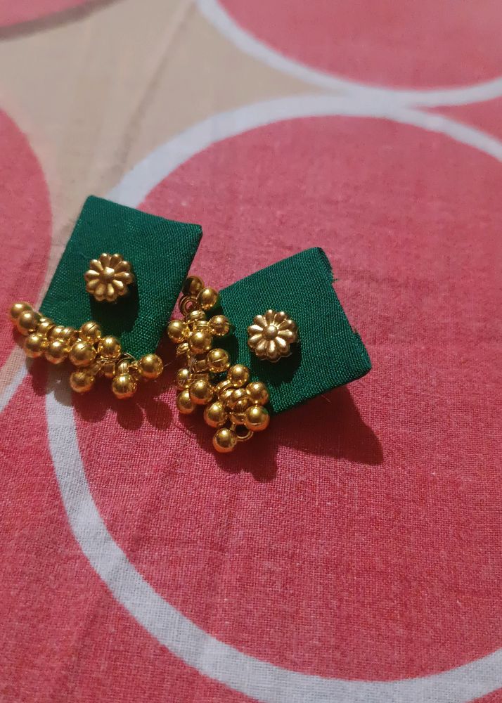 Green fabric earrings with gold Ghungroo