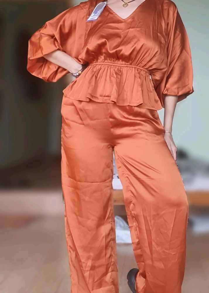 Rust Color Satin Kaftan Top Co-ord Set