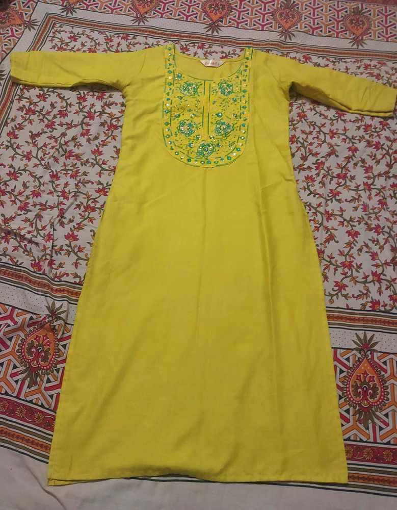 Beautiful Embroidered Lemon Green Kurta