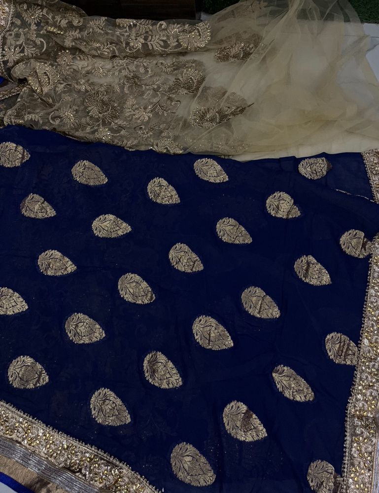 New Royal Blue And Gold Banarsi Silk Organza Saare