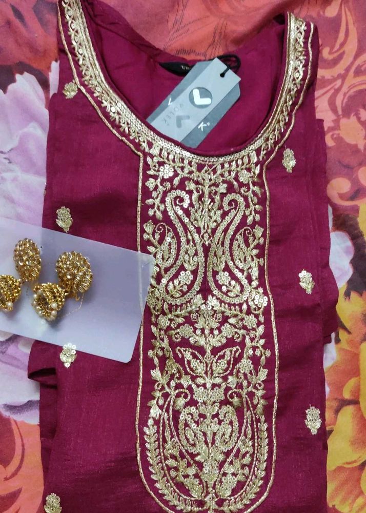 Gold Plated, Mahroon Combo Kundan Jhumka & Kurti