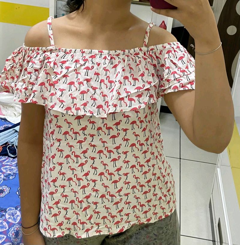 Flamingo Print White Off Shoulder Top! Just Fab!