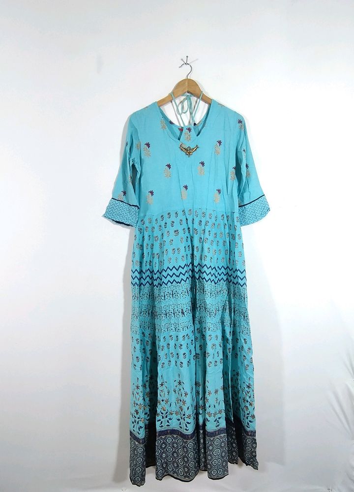 Long Printed Kurta Cyan Color