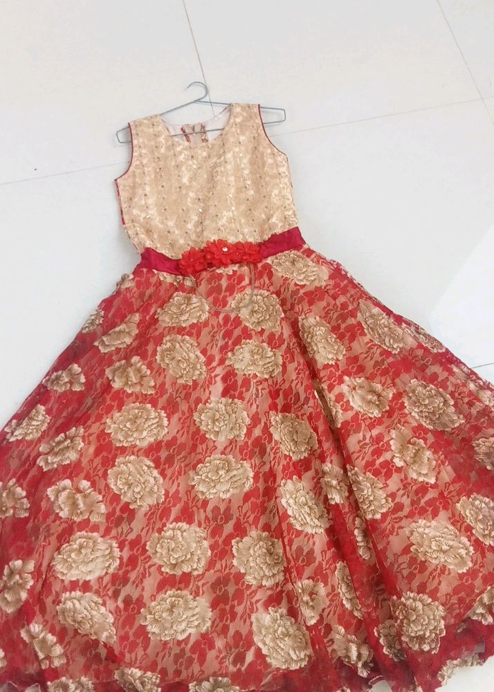 Red And Golden Sequence Work Gown For Girls