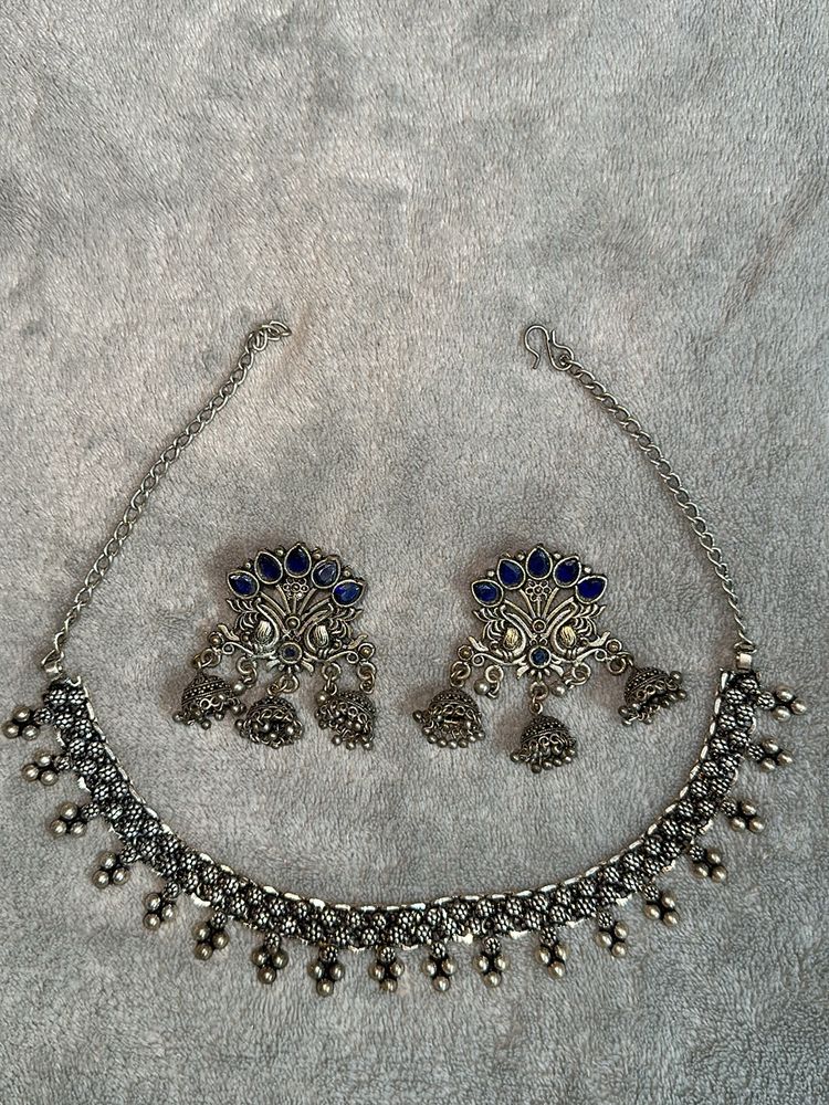 OXIDISED Silver Necklace With Earrings