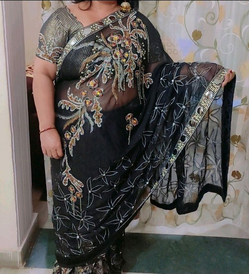 Black Partywear Saree Heavy Work, Bust 46