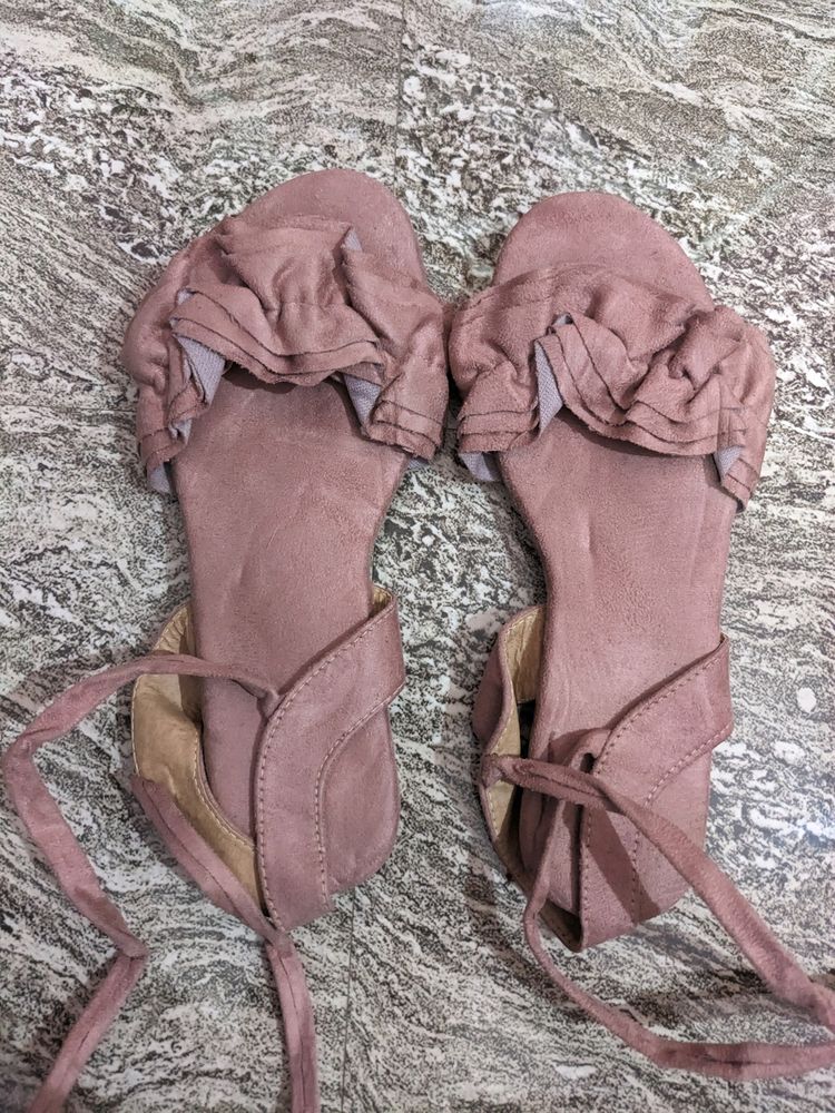 Pink Suede Flats With Straps