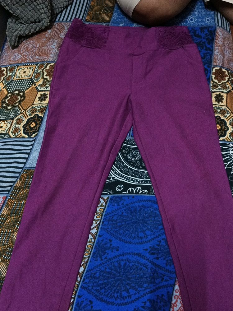 Pure Cotton stretchable Purple trouser pant with T