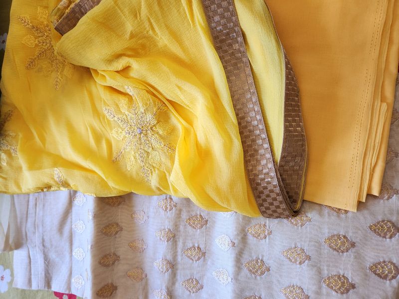 Beige Embroidered Kurta With Yellow Salwar And Yellow  Georgette Dupatta