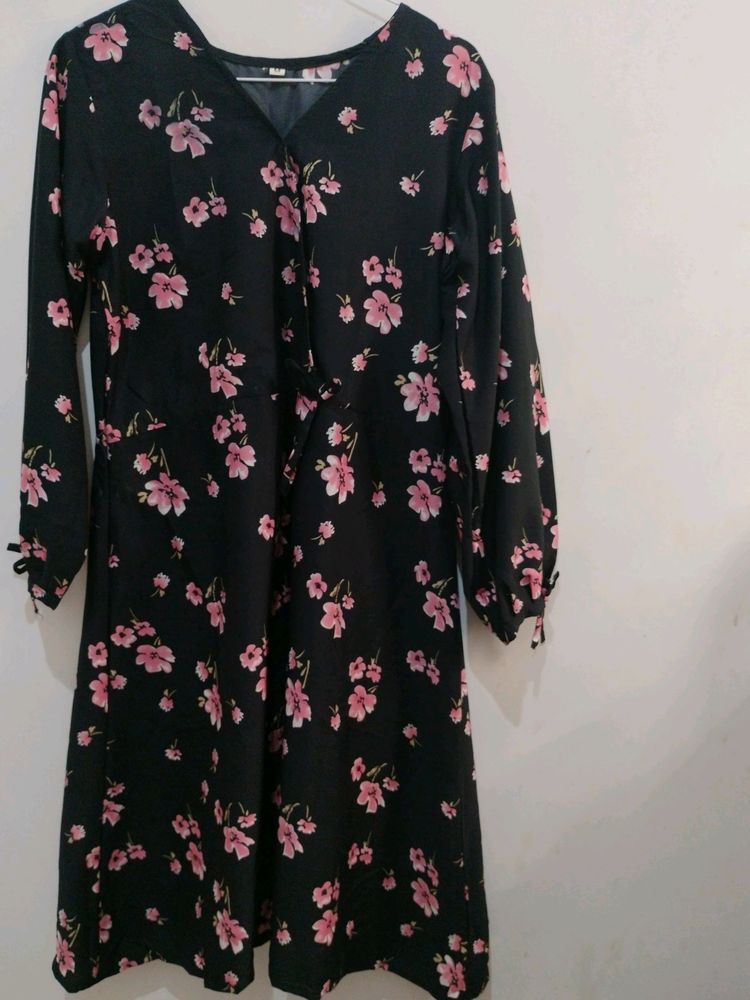 Floral Print Black Color Mini Dress