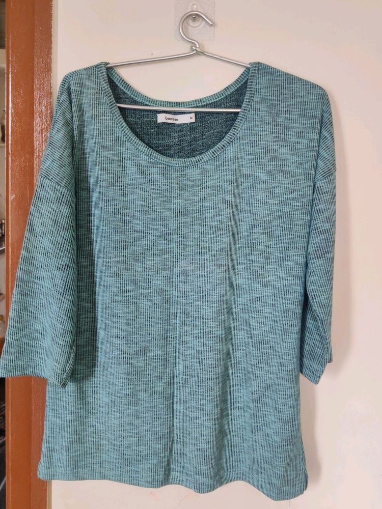 Knitted Sea Blue And Grey 3/4th Sleeve Top