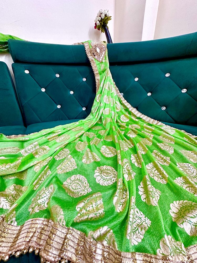 Parrot Green Pleated Saree With Blouse