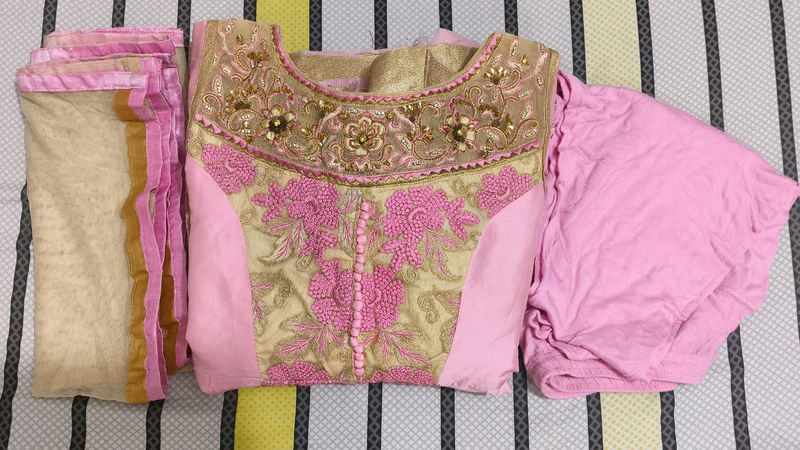 Pink A-line Kurta With Dupatta And Legging