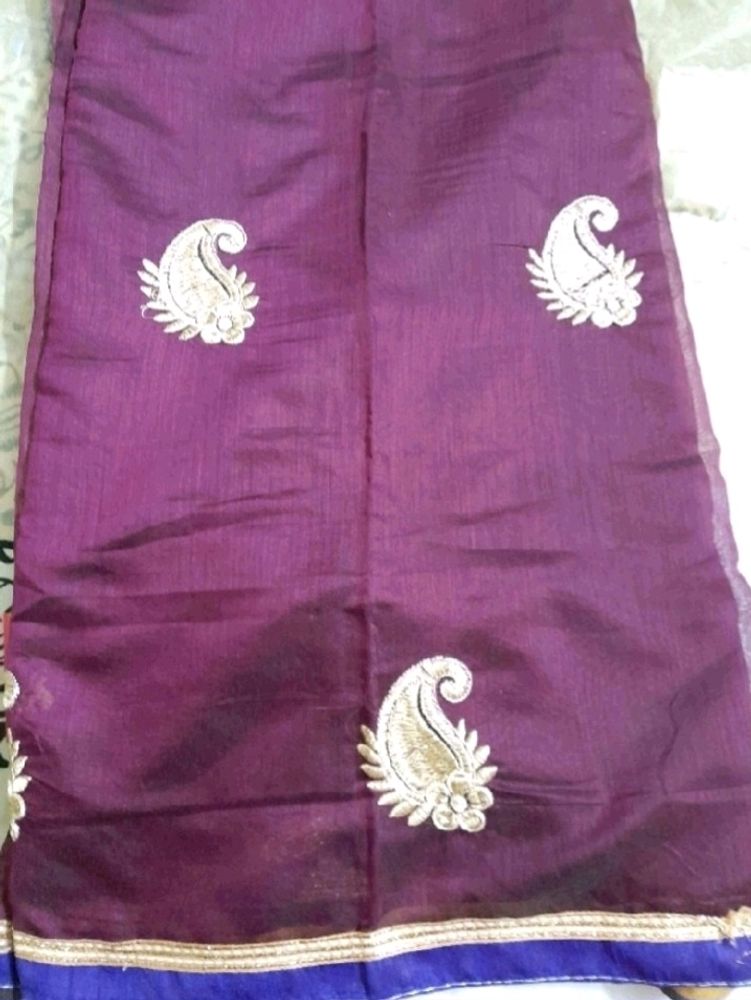 Dark Purple Embroidery Work Saree with Blouse