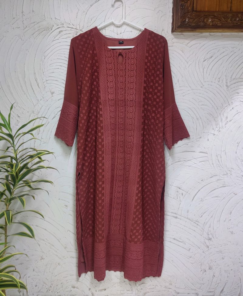 Brick Colour Embroidered Kurta