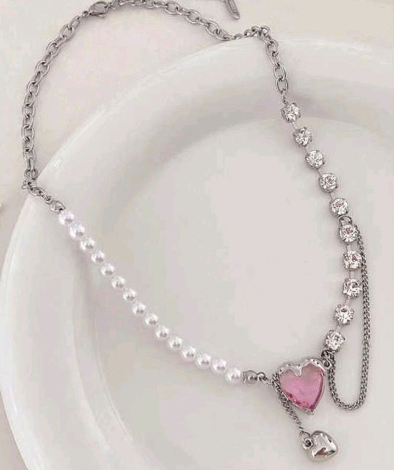 Crystal Pink Heart Pinteresty Pearl Neck Chain