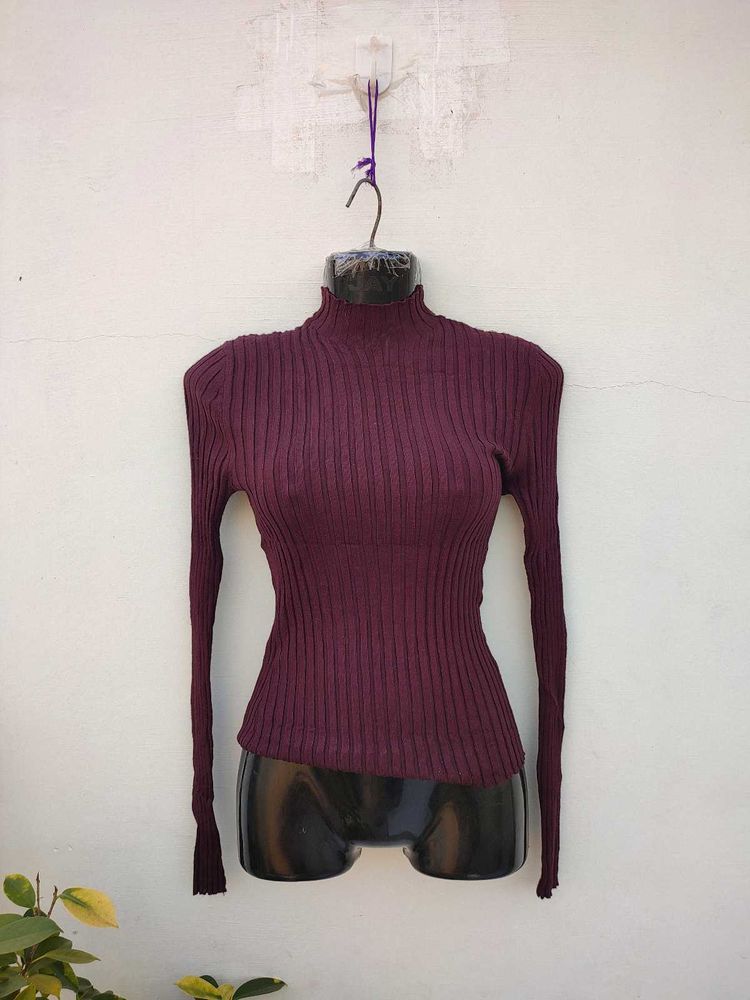 Hooked Up Wine Colour Ribbed Top