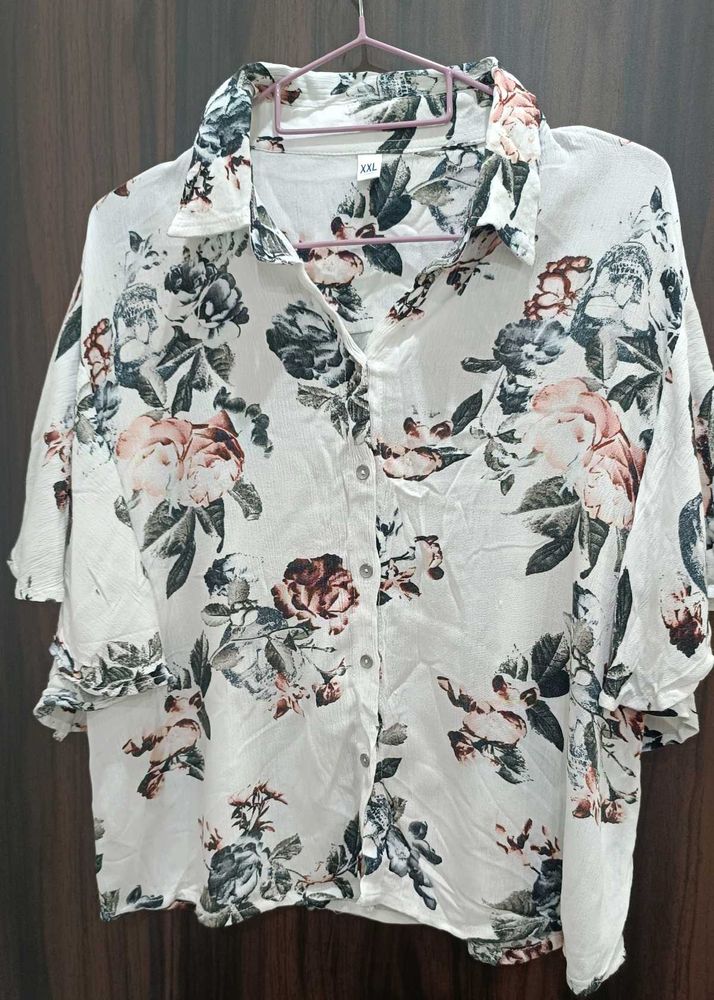 White Coloured Flower Printed Shirt For Women