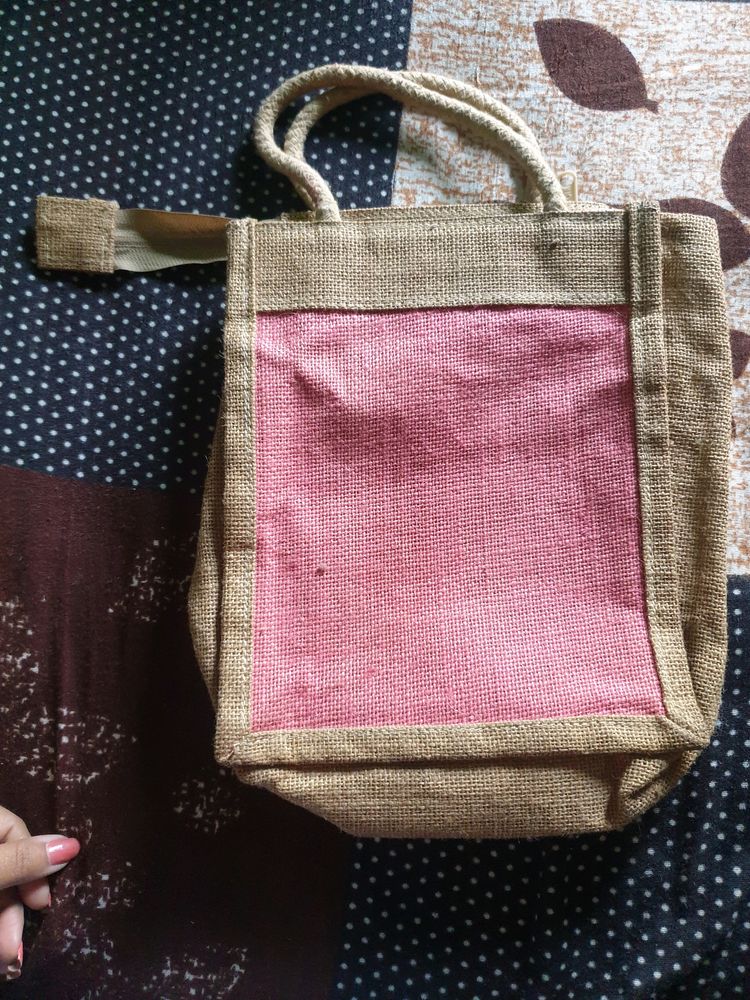 Khaki And Pink Jute Handmade Bag