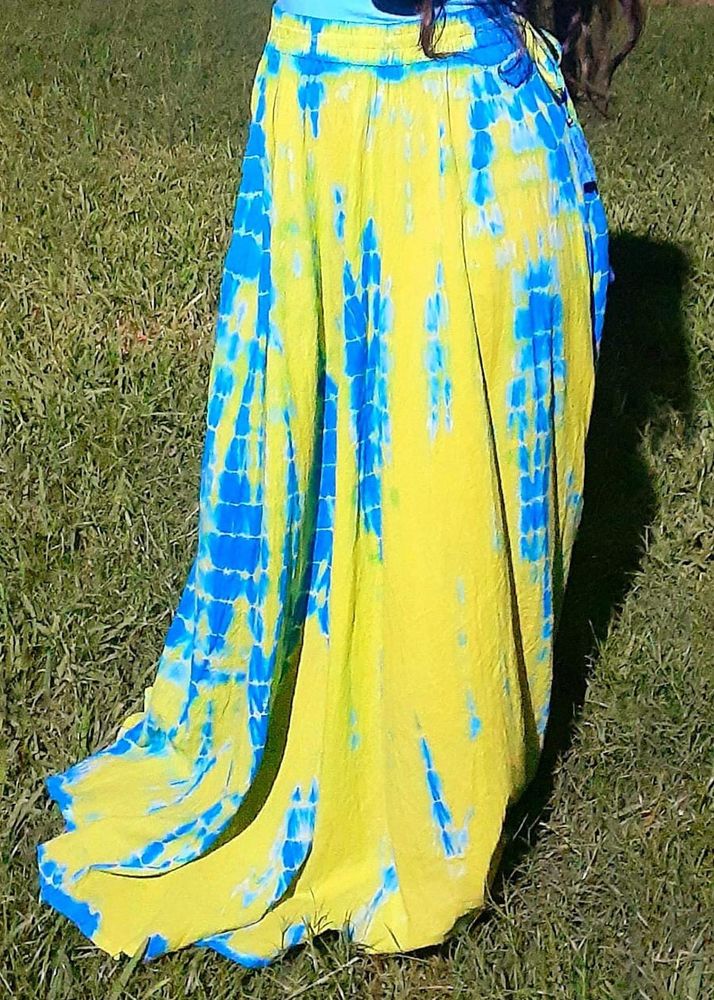 Lime Green And Blue Dyed Flared Maxi Skirt