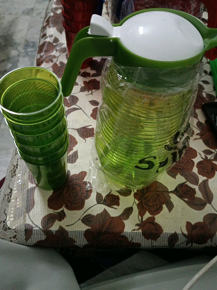 6 Pcs Glass + Jug Set Of Plastic Green Colour 💯