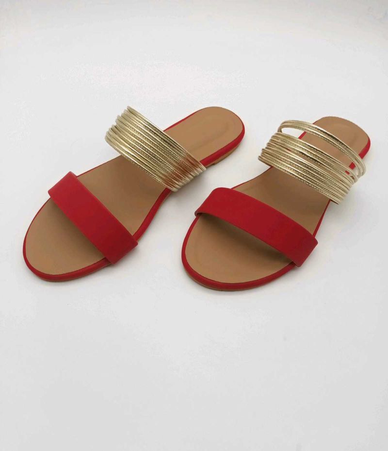 Red And Gold Flat Sandals.