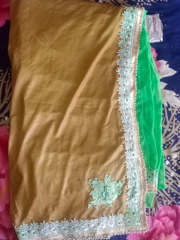 Green Chiffon Saree Pearl  With Stiched Blouse